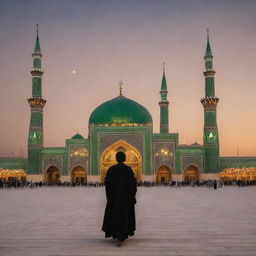 Imam Hussein near the Holy Shrine in Karbala, illuminated under the desert sky with traditional Arabic architecture in the backdrop