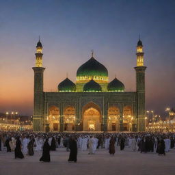 Imam Hussein near the Holy Shrine in Karbala, illuminated under the desert sky with traditional Arabic architecture in the backdrop