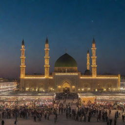 Imam Hussein near the Holy Shrine in Karbala, illuminated under the desert sky with traditional Arabic architecture in the backdrop