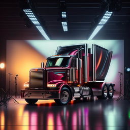 Cinematic video set featuring a sleek, modern truck at center stage, vibrant lighting, and an engaging backdrop fit for a music video.