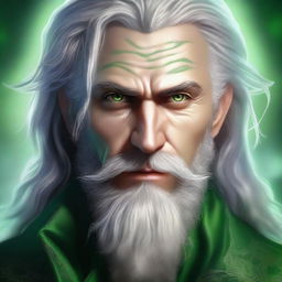 A high-quality digital art portrait of a Dampir with striking green eyes and a gray mane