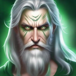 A high-quality digital art portrait of a Dampir with striking green eyes and a gray mane