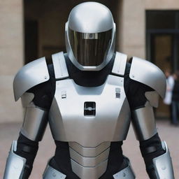 A futuristic suit of armor, fashioned with elements reminiscent of a Nokia mobile phone, showcasing its robustness and durability.