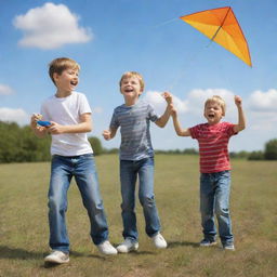 A 3D-enhanced image of two boys having fun; one is holding a kite, the other is controlling a remote-controlled car. The image captures a moment of pure, carefree joy.