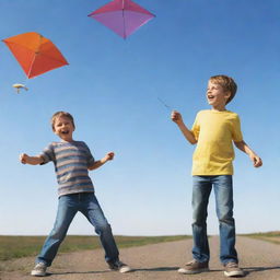 A 3D-enhanced image of two boys having fun; one is holding a kite, the other is controlling a remote-controlled car. The image captures a moment of pure, carefree joy.