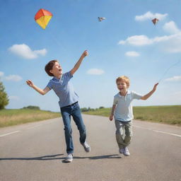 A 3D-enhanced image of two boys having fun; one is holding a kite, the other is controlling a remote-controlled car. The image captures a moment of pure, carefree joy.