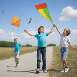 A 3D-enhanced image of two boys having fun; one is holding a kite, the other is controlling a remote-controlled car. The image captures a moment of pure, carefree joy.