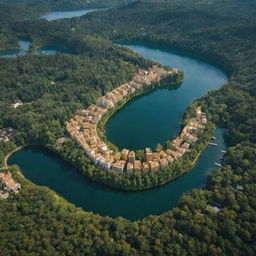 A top view of a gleaming gold city surrounded by lush forest and a sparkling body of water.