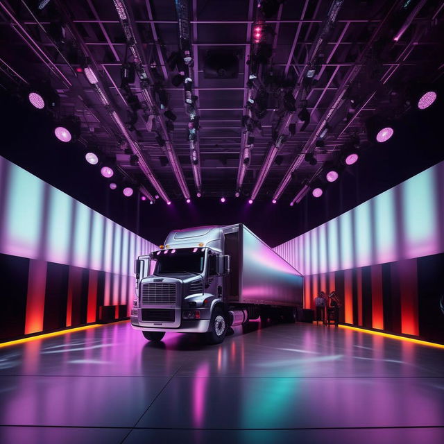 Cinematic video set featuring a sleek, modern truck at center stage, vibrant lighting, and an engaging backdrop fit for a music video.