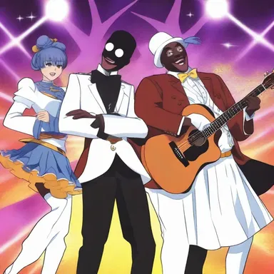 The anime show incorporates a minstrel show scene as part of the characters' journey in a parallel universe.