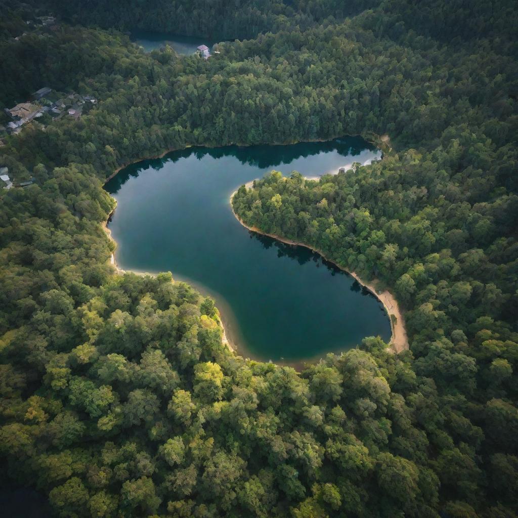 A top view of a gleaming gold city surrounded by lush forest and a sparkling body of water.