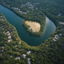 A top view of a gleaming gold city surrounded by lush forest and a sparkling body of water.