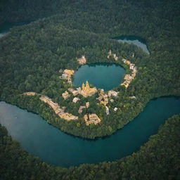 A top view of a gleaming gold city surrounded by lush forest and a sparkling body of water.