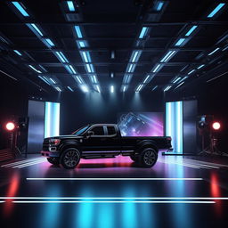 Cinematic video set featuring a sleek, modern truck at center stage, vibrant lighting, and an engaging backdrop fit for a music video.