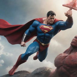 Superman in a mythical costume, wielding a legendary sword, in a 3D battle with an angry red Hulk above the Earth.