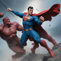 Superman in a mythical costume, wielding a legendary sword, in a 3D battle with an angry red Hulk above the Earth.