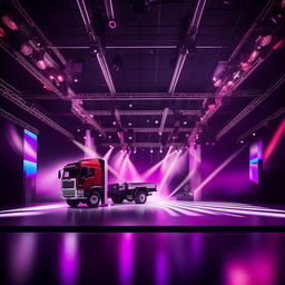 Cinematic video set featuring a sleek, modern truck at center stage, vibrant lighting, and an engaging backdrop fit for a music video.