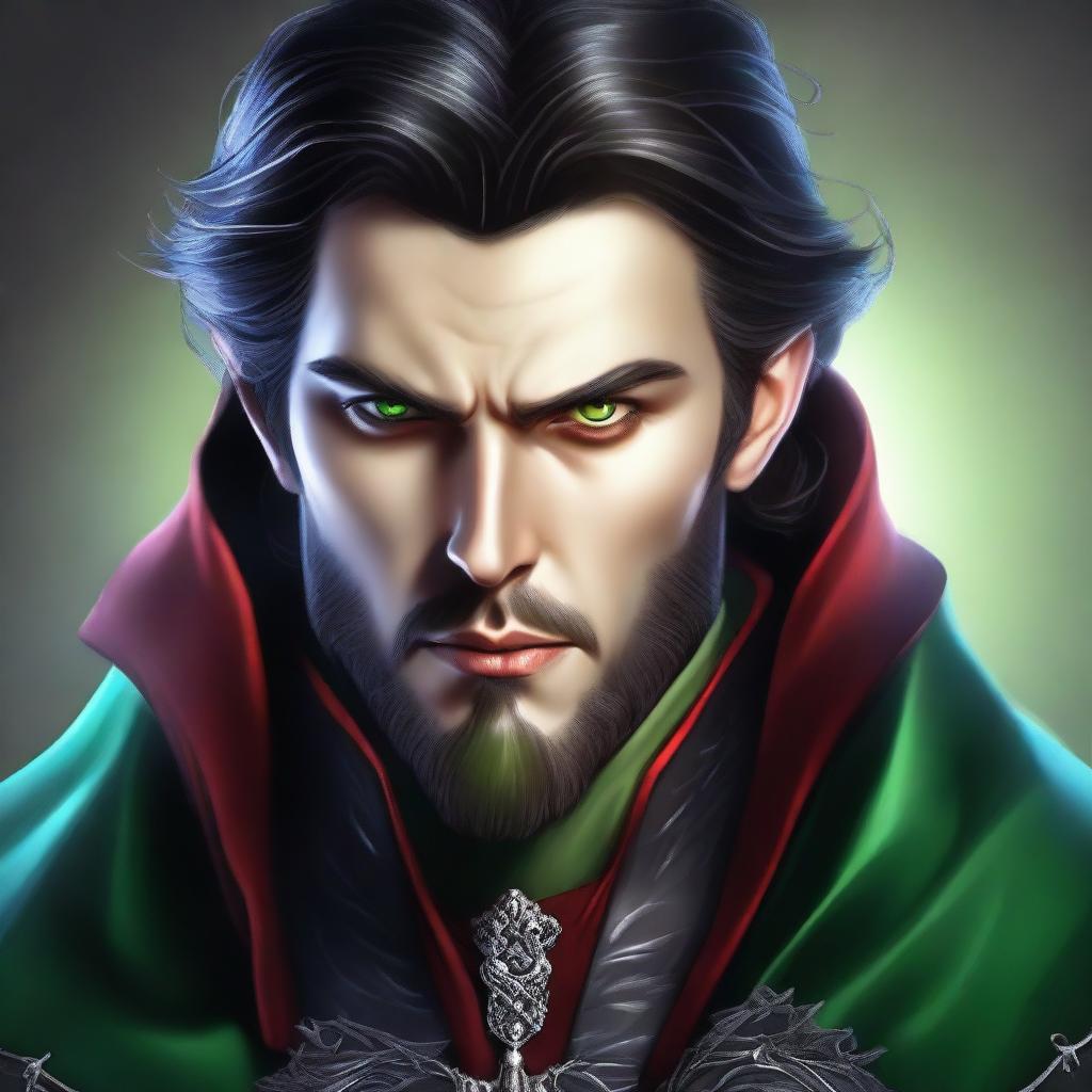 This is a high-quality digital art portrait of a 25-year-old brutal Vampire Warlock