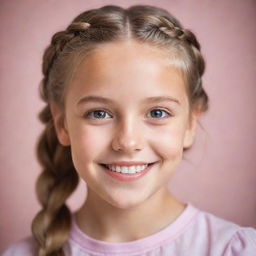 A portrait of a young girl with sparkling eyes and a cheerful smile, her hair in a lively braid against a softly blurred pastel background