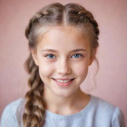 A portrait of a young girl with sparkling eyes and a cheerful smile, her hair in a lively braid against a softly blurred pastel background