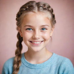 A portrait of a young girl with sparkling eyes and a cheerful smile, her hair in a lively braid against a softly blurred pastel background