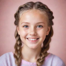 A portrait of a young girl with sparkling eyes and a cheerful smile, her hair in a lively braid against a softly blurred pastel background