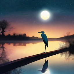 A high-quality digital art image depicts a heron standing beside a serene pool under the night sky