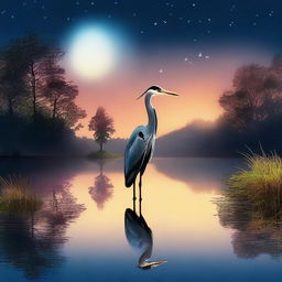 A high-quality digital art image depicts a heron standing beside a serene pool under the night sky