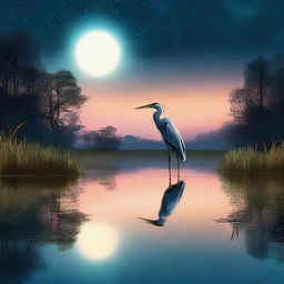 A high-quality digital art image depicts a heron standing beside a serene pool under the night sky