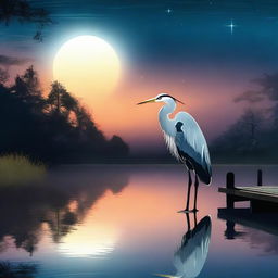 A high-quality digital art image depicts a heron standing beside a serene pool under the night sky