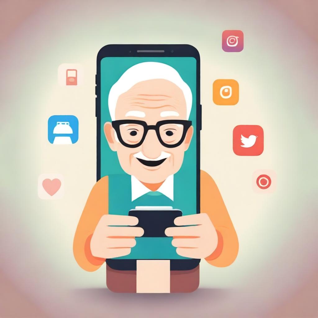 A high-quality digital art image showcasing an elderly individual actively engaging with Instagram on a smartphone