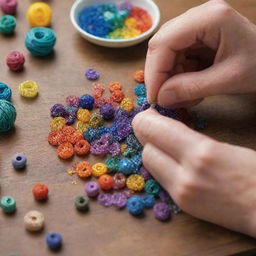 A vibrant, detailed image of a hand delicately crafting a multi-colored bead, with the focus on the bead itself, surrounded by other bead-making materials.