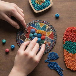 A vibrant, detailed image of a hand delicately crafting a multi-colored bead, with the focus on the bead itself, surrounded by other bead-making materials.