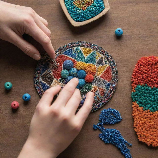A vibrant, detailed image of a hand delicately crafting a multi-colored bead, with the focus on the bead itself, surrounded by other bead-making materials.