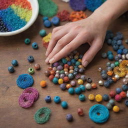 A vibrant, detailed image of a hand delicately crafting a multi-colored bead, with the focus on the bead itself, surrounded by other bead-making materials.