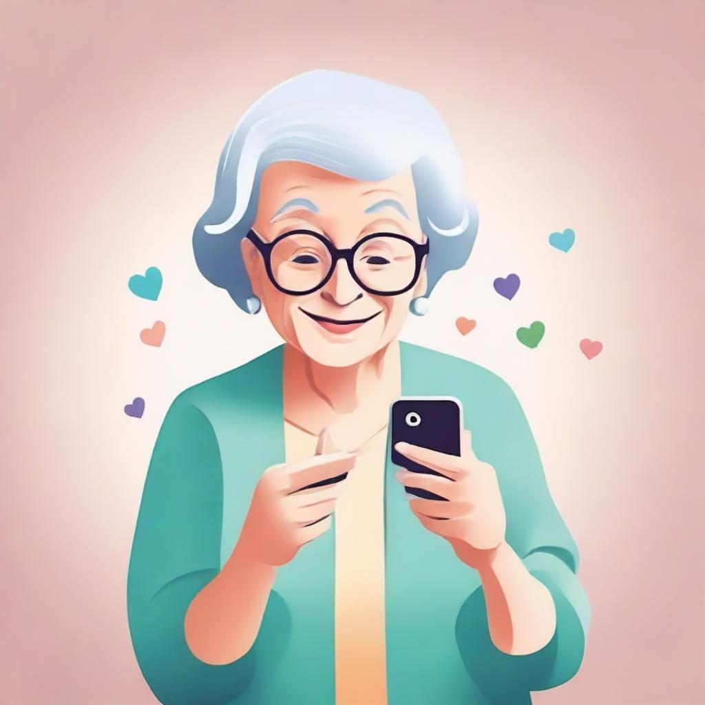 A high-quality digital art image displaying an elderly woman interacting with Instagram on a smartphone