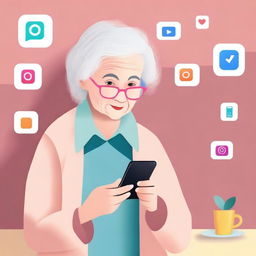 A high-quality digital art image displaying an elderly woman interacting with Instagram on a smartphone