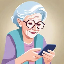 A high-quality digital art image displaying an elderly woman interacting with Instagram on a smartphone