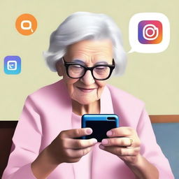 A high-quality digital art image displaying an elderly woman interacting with Instagram on a smartphone