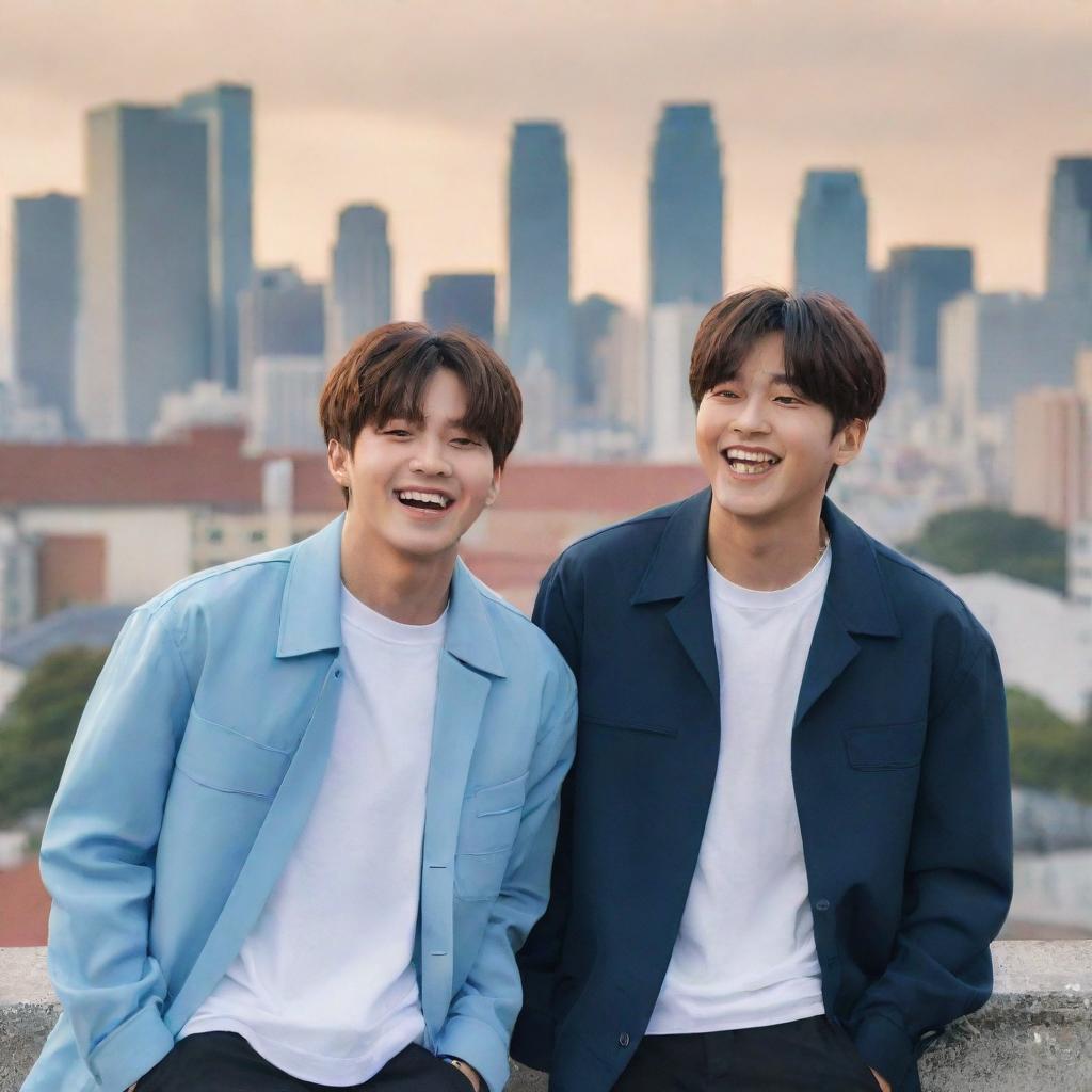 A playful illustration of two K-pop idols called Vkook, from the band BTS, enjoying a day full of laughter and fun. Their friendship radiates warmth and joy in a city background