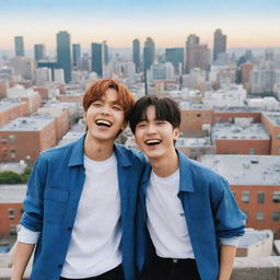 A playful illustration of two K-pop idols called Vkook, from the band BTS, enjoying a day full of laughter and fun. Their friendship radiates warmth and joy in a city background