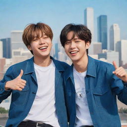 A playful illustration of two K-pop idols called Vkook, from the band BTS, enjoying a day full of laughter and fun. Their friendship radiates warmth and joy in a city background