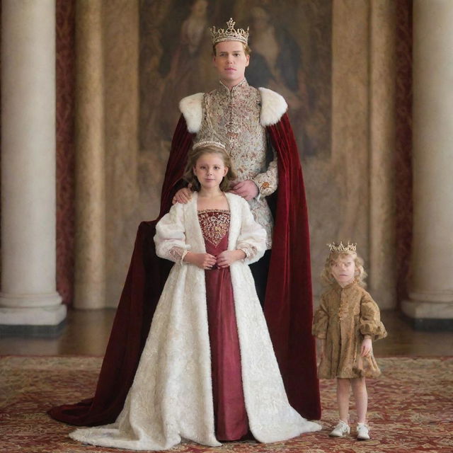 A young boy and girl standing together, with a majestic king and queen in regal attire in the background.