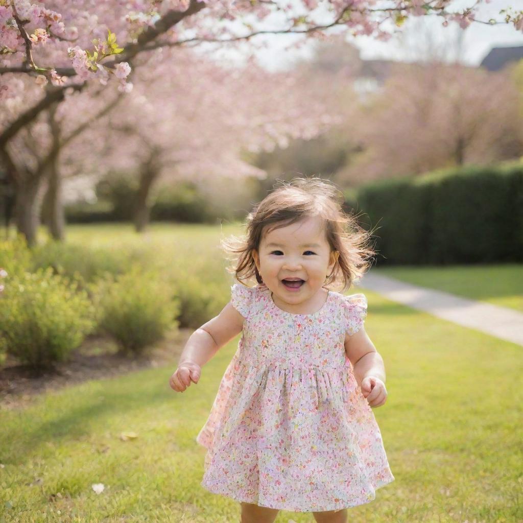 A cheerful two-year-old girl playing in a serene garden filled with colourful blossoms under a bright sunny sky.