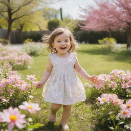 A cheerful two-year-old girl playing in a serene garden filled with colourful blossoms under a bright sunny sky.