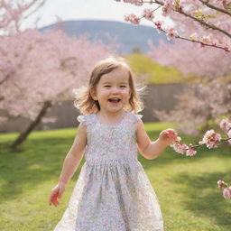 A cheerful two-year-old girl playing in a serene garden filled with colourful blossoms under a bright sunny sky.