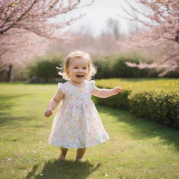 A cheerful two-year-old girl playing in a serene garden filled with colourful blossoms under a bright sunny sky.