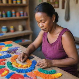 A skilled artisan woman meticulously crafting colorful, local beads in a bright, charming setting.