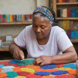 A skilled artisan woman meticulously crafting colorful, local beads in a bright, charming setting.