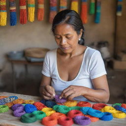 A skilled artisan woman meticulously crafting colorful, local beads in a bright, charming setting.